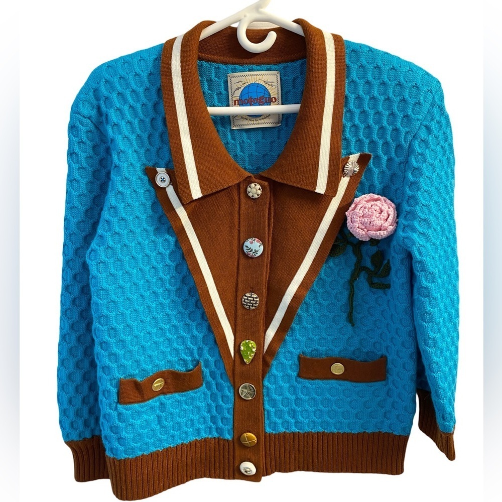 Motoguo Mr.Rogers Lake Blue & Brown Button Up Knit Sweater Oversized S/M